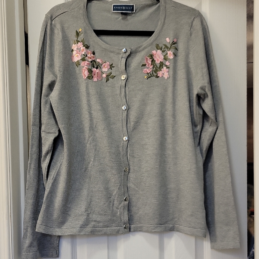Karen Scott Gray Cardigan with Pink Floral Embroidery